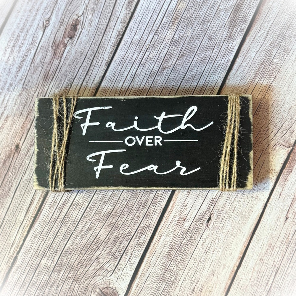 Basket Case Designs Faith Over Fear Rustic Wood Block Sign Black White Farmhouse
